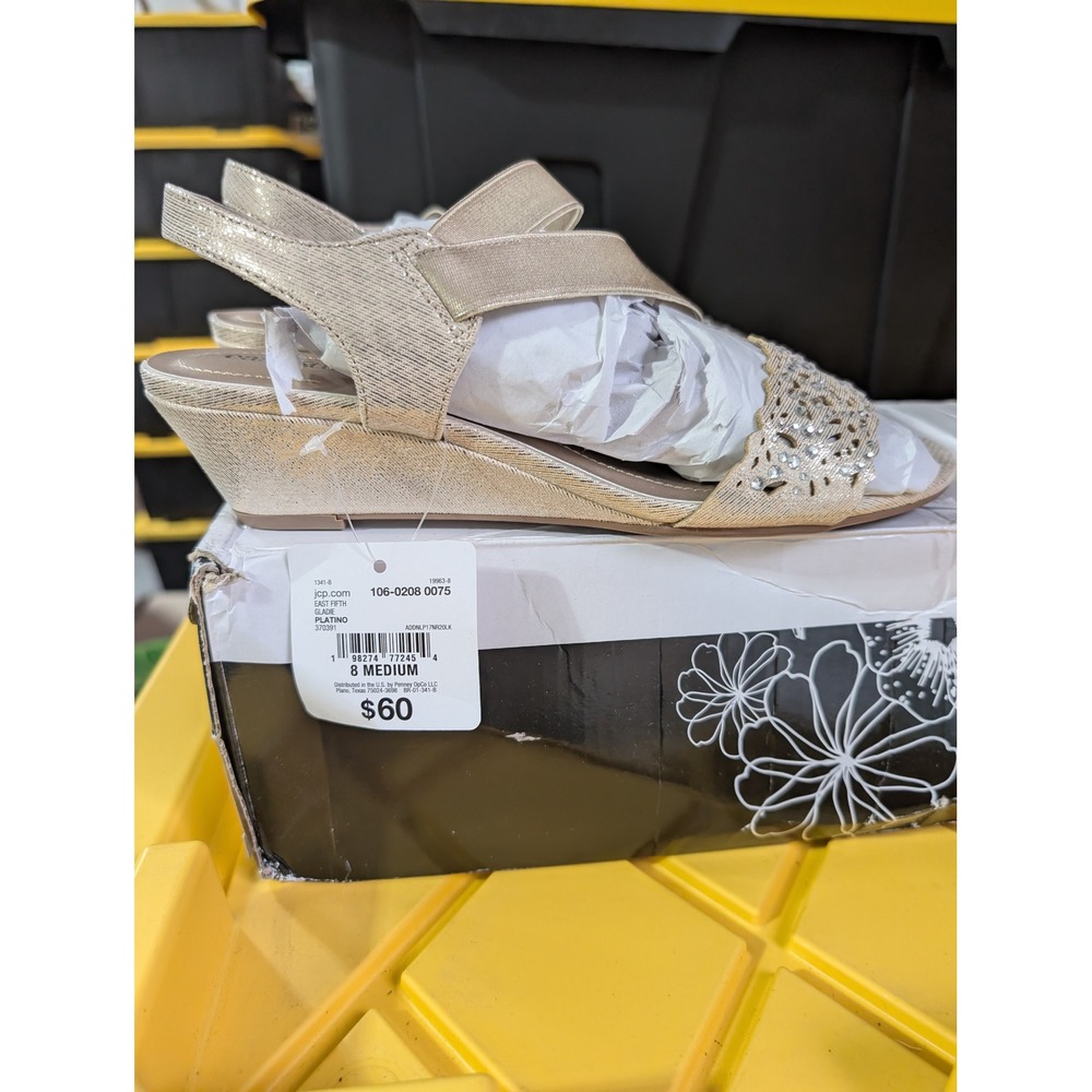 East 5th Gladie Platino Gold Rhinestone Laser Cut Wedge Sandals Womens 8 M